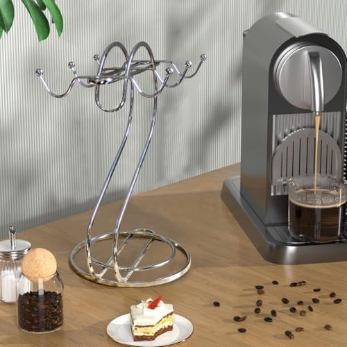 Coffee Mug Holder Metal,Mug TeaCups Holders Countertop,Coffee Mug Tea Cup Stand Storage Rack Tabletop Counter 6 Hooks(Silver) - Image 2