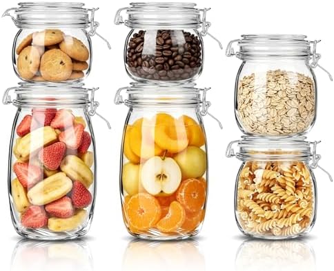 Glass Storage Jars with Airtight Lids Set of 6 (17 oz/26 oz/50 oz), Clear Glass Canister Containers Food Storage for Kitchen Pantry, Flour Sugar Coffee Beans Cereal Spice Tea, BPA-free by Unknown