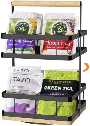 Tea Bag Organizer, 2-Tier 360° Rotating Tea Bag Holder Organizer, 8-Baskets Tea Holder Accessories Holds 120+ Tea Bags, Gift for Decor Kitchen, Cabinet, Bar Countertop Storage by GUIBUKEYAN