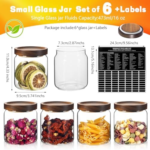 Glass Spice Jars Seasoning Containers Small Glass Jars with Lids Airtight Food Storage Canister for Kitchen Pantry Sugar Tea Coffee Bean Nuts Cookies Herbs Salt (16oz/473ml*6 pack) - Image 4