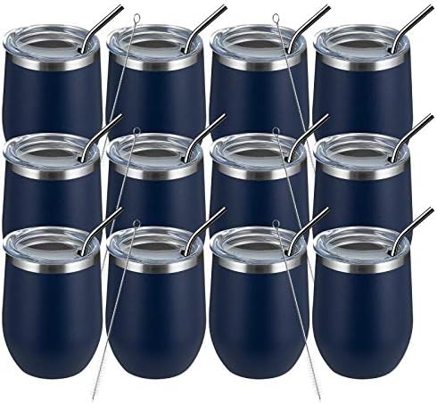 MEWAY 12oz/12 Pack Wine Tumbler Glasses with Lid -Double Wall Vacuum Stainless Steel Travel Tumbler Mug,Stemless Insulated Wine Cup for,Coffee,Cocktails,Gifts (Navy,Set of 12) by MEWAY