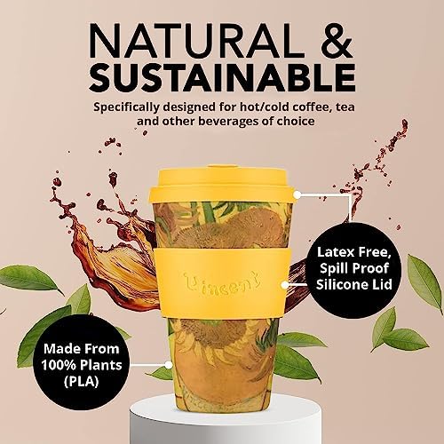 Ecoffee Cup 14oz (400ml) Van Gogh Reusable Coffee Cup – PLA Plant-Based Travel Mug with Silicone Lid, Melamine Free & Dishwasher Safe – Sunflowers - Image 5