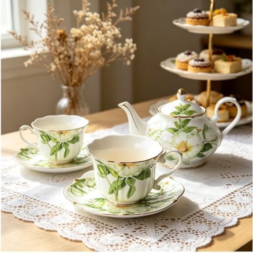 Vintage Porcelain Floral Tea Set — 22oz Teapot + 2 Tea Cup & Saucer Sets + 2 Gold Spoons | Porcelain Teapot and Cup Set, Tea for One/Tea Party Set (Green) - Image 3