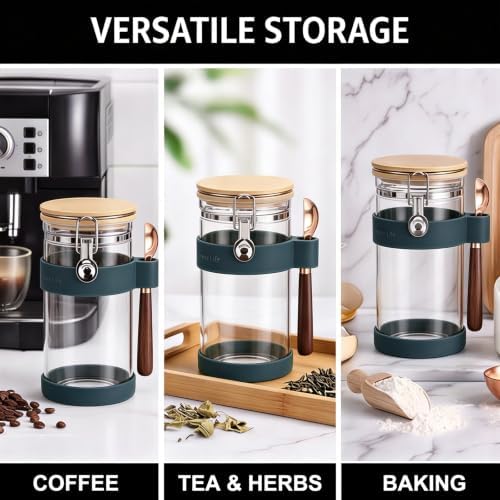 uxcell Airtight Glass Canister with Bamboo Lid & Spoon, Glass Coffee Bean Storage Container 1200ml/40oz Kitchen Pantry Sealed Freshness for Grounds Tea Cereal Sugar, Dark Blue - Image 5