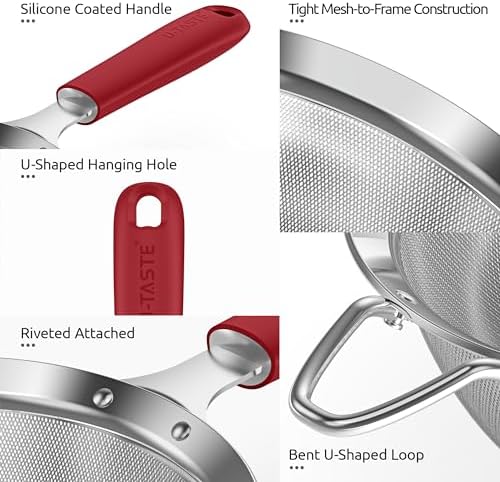 U-Taste 18/8 Stainless Steel 3.35in Medium Fine Mesh Strainer and 12.6in Stainless Steel Danish Dough Whisk (Red) - Image 6