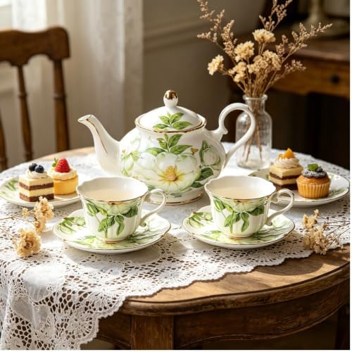 Vintage Porcelain Floral Tea Set — 22oz Teapot + 2 Tea Cup & Saucer Sets + 2 Gold Spoons | Porcelain Teapot and Cup Set, Tea for One/Tea Party Set (Green) - Image 4