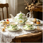 Vintage Porcelain Floral Tea Set — 22oz Teapot + 2 Tea Cup & Saucer Sets + 2 Gold Spoons | Porcelain Teapot and Cup Set, Tea for One/Tea Party Set (Green) - Image 4