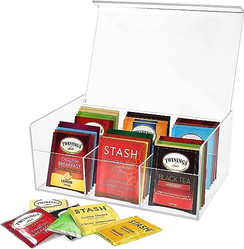 RoyalHouse Acrylic Tea Bag Holder Storage Organizer, 6 Compartment BPA Free Clear Plastic Tea Box with Lid, Multi-Purpose Storage Box for Office Supplies, Crafts, and Small Items (Pack of 3) by RoyalHouse