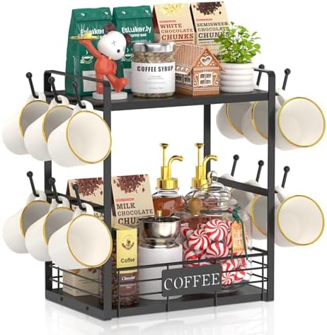 EsLuker.ly Coffee Mug Cup Holder Tree Bar Station Organizer, 2 Tier Black by EsLukerly