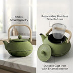 900ml Small Cast Iron Teapot with Wooden Handle, 30.4oz Green Tea Pot with Enamel Interior & Strainer, Durable Tea Kettle for Loose Leaf Tea, Suitable for Electric Stove & Induction Cooker - Image 3