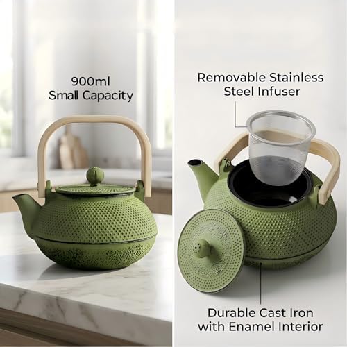 900ml Small Cast Iron Teapot with Wooden Handle, 30.4oz Green Tea Pot with Enamel Interior & Strainer, Durable Tea Kettle for Loose Leaf Tea, Suitable for Electric Stove & Induction Cooker - Image 3