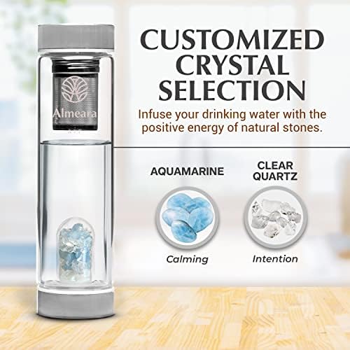 Almeara Crystal Water Bottle with Authentic Aquamarine Stones and Clear Quartz Removable Gemstones, Loose Leaf Tea Infuser - Relaxation, Healing & Spiritual Gifts for Women - Witchcraft Supplies - Image 2