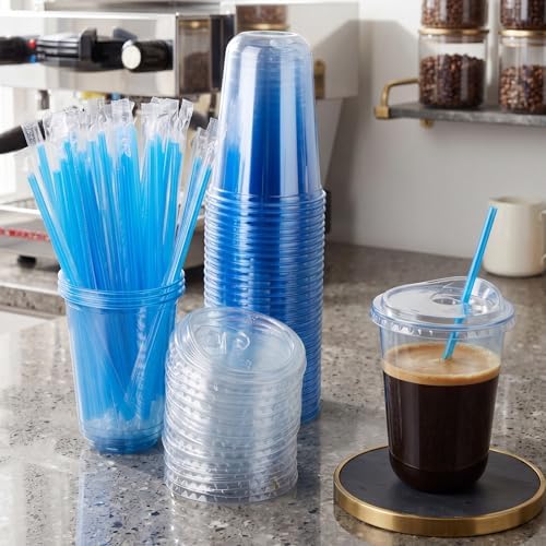 Ziliny 50 Pack 16 Oz Blue Plastic Cups with Lids and Straws, Iced Coffee - Image 2