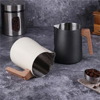 Milk Frother Cup Stainless Steel Coffee Milk Frothing Pitcher Jug Anti-scald Wood Grain Handle 304 Stainless Steel Mug Cup Professional Utensils(600ml Beige) - Image 5