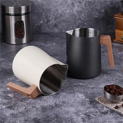Milk Frother Cup Stainless Steel Coffee Milk Frothing Pitcher Jug Anti-scald Wood Grain Handle 304 Stainless Steel Mug Cup Professional Utensils(600ml Beige) - Image 5