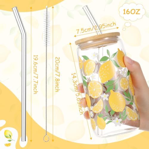 6 Sets 16 oz Lemon Glass Cups with Lids and Straws Party - Image 2
