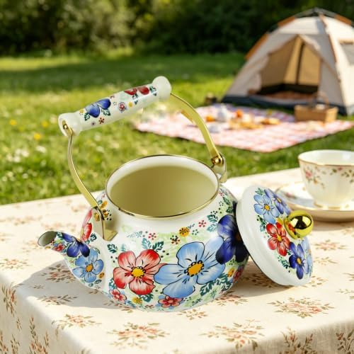 Floral Enamel Tea Kettle Blue Vintage Teapot Stovetop for Stove Boho Bohemain Hot Water Coffee Kettle Pot 2.5L Tea Pot with Ceramic Handle Kitchen Home Decor - Image 6