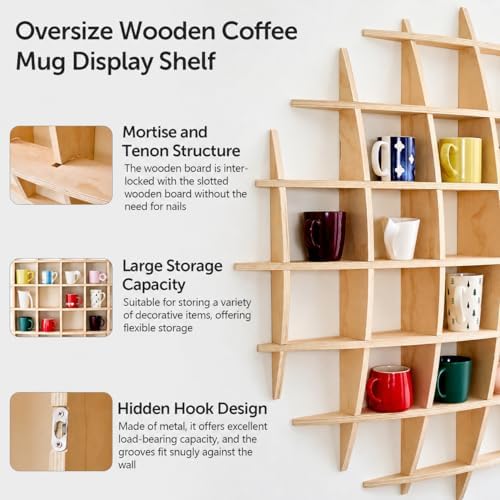 46 x 46 Inch Oversize Wooden Coffee Mug Display Shelf for Wall - Image 4