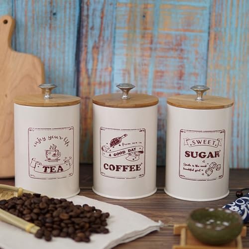 Uonlytech Vintage Kitchen Canister Set 3pcs White Metal Tea Coffee Sugar Storage Jars with Airtight Lids Dustproof Food Containers for Pantry Countertop Organization - Image 4