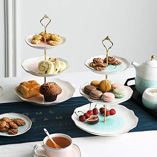 Sweejar 3 Tier Ceramic Cake Stand,Dessert Stand,Cupcake Stand,Tea Party Pastry Serving Platter,Food Display Stand for Tea/Coffee/Birthday/Wedding/Women/Afternoon/Gift - Blue - Image 4