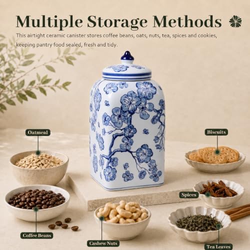 12.5" H Ceramic Kitchen Canisters for Countertop, Tea & Coffee Bean Storage Canister with Airtight Lid, Blue and White Chinoiserie Decor Ginger Jar for Home Decor, 155 fl oz - Plum Blossom - Image 4
