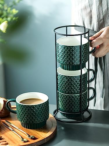 LYEOBOH Coffee Mug Set Porcelain Stackable Coffee Mugs with Stand and Spoons, 13 OZ. Cappuccino Cup Demitasse Cups for Drinks, Espresso, Latte,Set of 4, Dark Green - Image 3