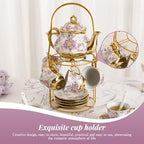 20Pcs Porcelain Tea Set with Metal Holder, European Ceramic Tea Set for Adults, Flower Ceramic Tea Cups (3oz), Teapot (15oz), & Saucers for Women Tea Party (Purple) - Image 5
