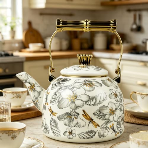 Vintage Enamel Tea Kettle, Dragonfly Floral Pattern Stovetop Teapot with Gold Handle, 2.5L Enamel Kettle Kitchen Decor, Ideal Gift for Housewarming Camping Coffee Pot - Image 3