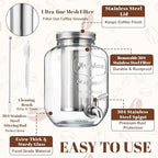 2 Pack 1 Gallon Cold Brew Coffee Maker Iced Coffee Maker with Stainless Steel Filter, Lid & Spigot Heavy Duty Glass Cold Brew Pitcher Drink Dispenser Thick Iced Tea Pitcher for Fridge - Image 3