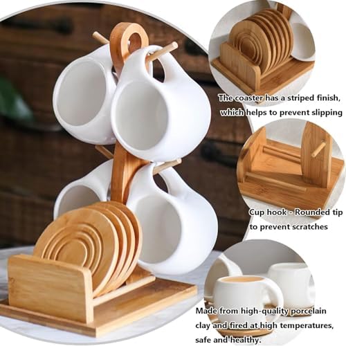 Bamboo Coffee Mug Holder Tree, Ceramic Coffee Cup Shelf Set 6 Piece Creative Cup Stand and Saucer Combination Coffee Mugs Kitchen Shelf Set (5x6.1x10) - Image 4