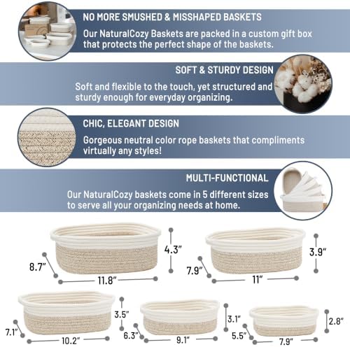 NaturalCozy 5-Piece Rectangle Storage Basket Set- Natural Cotton Rope Woven Baskets for Organizing! Small Basket for Montessori, Baby Nursery, Dog Toy Baskets, Cat Toy Box, Bathroom Organization Bin - Image 2