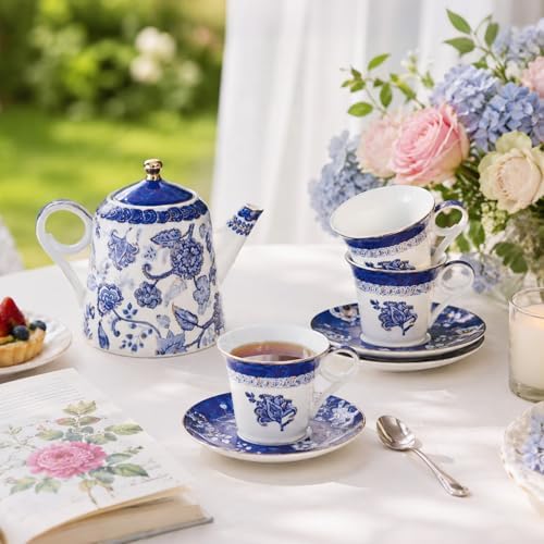 Bone China Tea Set for Adults, 13-Piece Blue and White Porcelain Tea Set for 4, Vintage Floral Tea Set With Teapot and Teaspoons, Tea Party Sets for Women Gift (Blue B) - Image 2