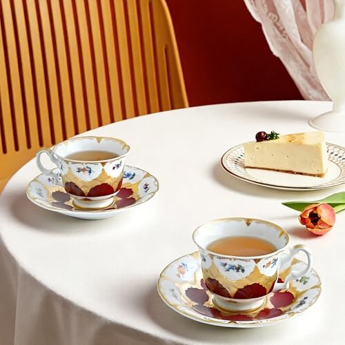 Luxury White & Gold Embossed Tea Cups and Saucers with Teapot, Sugar Bowl, & &Creamer, Vintage European Porcelain Coffee Set for Tea Party, Wedding, Gift (Vintage Gold, 4pcs/set) - Image 2