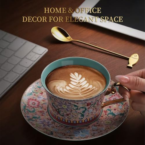 Enamel Floral Porcelain Coffee Mug Set of 2 with Matching Saucers - Image 3
