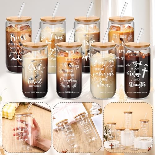 Skylety 16 Sets Christian Glass Cups for Women with Lids Straws Brushes - Image 6