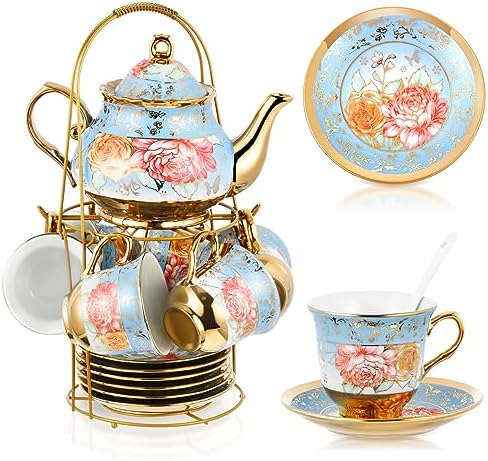 Zhehao 20 Pcs Porcelain Tea Set for Adult, with Metal Holder, Simplicity by Zhehao