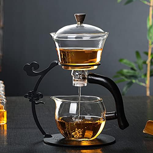 RORA Glass Teapot Set Semi Automatic Drip Rotating with Infuser Lazy Kungfu Tea pot Set (Black) - Image 3