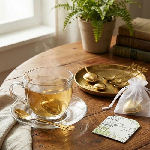 30 Sets Bridal Shower Tea Party Favor Include Organza Bag Thank You Card Heart Shape Infuser Ball Leaf Tea Spoon for Guest Wedding Souvenir Gift(Gold) - Image 3