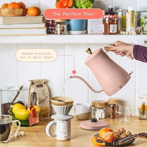 Electric Gooseneck Kettle 1 Liter 1200W Fast Boil with Precision Pour Spout, Stainless Steel Interior, Auto Shut-Off & 360° Swivel Base (Rose) - Image 2