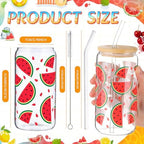 Vesici 6 Set Watermelon Glass Cups 16 oz Summer Drinking Tumbler with Lid Straw and Stopper Can Shaped Beer Iced Coffee Cup Appreciation Gifts with Cards and Bow for Summer Party Favor Decorations - Image 2