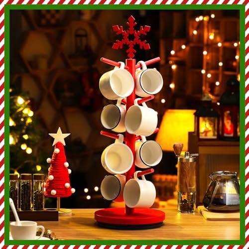 DoubleFill Christmas Tree Coffee Mug Holder 8 Hooks Snowflake Mug Holder for Countertop Snowflake Cup Rack Wood Christmas Tree Display for Kitchen Coffee Accessories - Image 2