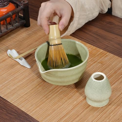 4PCS Matcha Tea Whisk Set, Tea Steeper Stirring Matcha Kits, Handmade from 100% Natural Bamboo Matcha Whisk (Chasen), Ceramic Matcha Bowl with Spout, Ceramic Whisk Holder, Scoop - Image 2