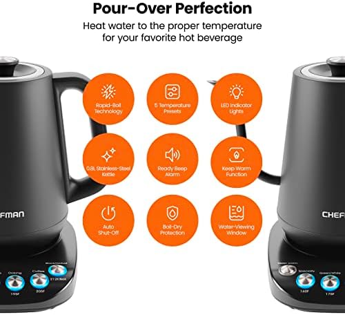 Chefman TrueTemp Precision Control Gooseneck Kettle, Internal Custom Temperature Control and 6 One-Touch Presets, Boil-Dry Protection Auto Shut-Off for Safety, For Pour Over Coffee and Tea, Black - Image 2