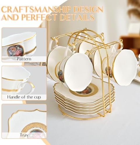 Luxury White & Gold Embossed Tea Cups and Saucers with Teapot, Sugar Bowl, & &Creamer, Vintage European Porcelain Coffee Set for Tea Party, Wedding, Gift (Gole & Rose, 17pcs/set) - Image 6