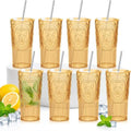 8 Set Vintage Tumbler with Lid and Straw, Iced Coffee Cup, Amber by Acellegic