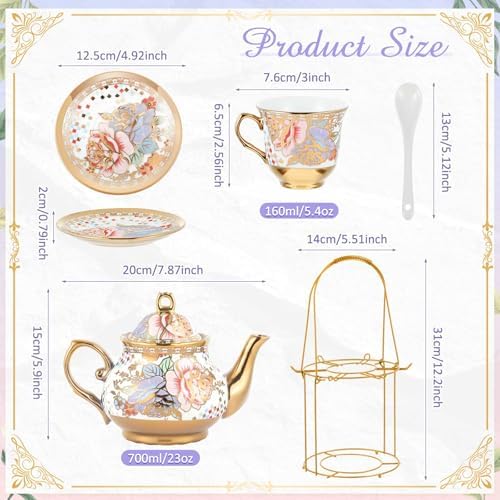 Zhehao 20 Pcs Porcelain Tea Set for Adult, with Metal Holder, Rustic - Image 2