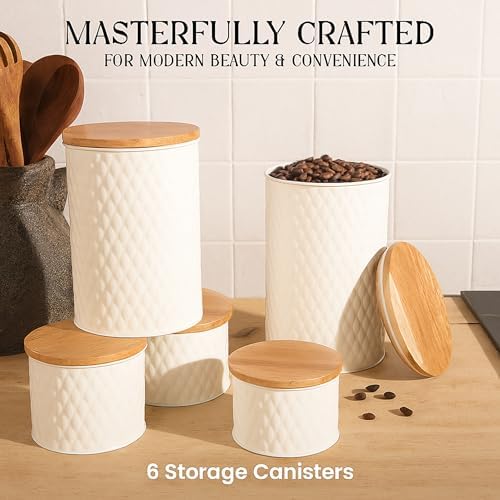6 Canister Set for the Kitchen Countertop – Metal Food Storage Canisters with Airtight Lids for Flour, Tea, Crafts, Coffee, & Sugar – Container Set with Modern Wood Lids, White - Image 3
