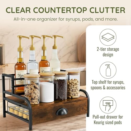 3-Tier Coffee Bar Stand Organizer for Countertop, Rustic Wood & Metal Bottle Display Shelf with Coffee Pod Drawer, Wine Rack, Liquor Display Shelf for Home Coffee Station - Image 5