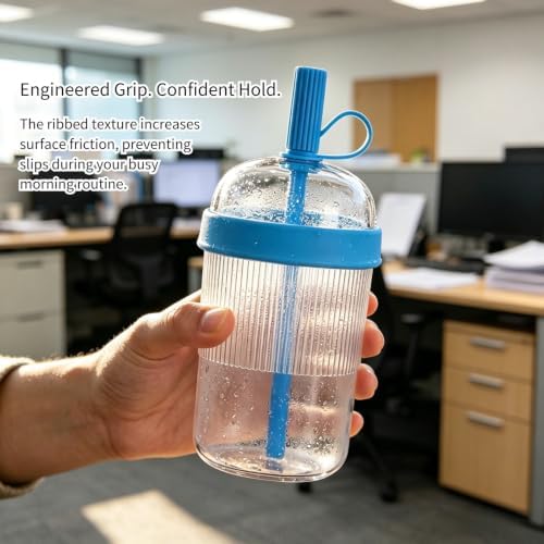 Reusable Clear Tritan Tumbler with Straw & Lid, 18oz Ribbed Portable Travel Cup, Iced Coffee Boba Cup for Office & Car, Multiple Colors (Smoky Black) - Image 6