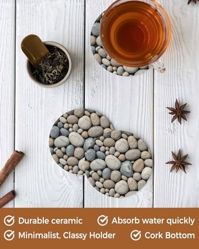 Coaster for Drinks 4 Pack,Abstract Natural Grey Cobblestone Absorbent Round Ceramic Stone with Cork Base,Modern Grey Pebble Stone Drink Coaster Cup Mats for Home Dining Coffee Tables - Image 5